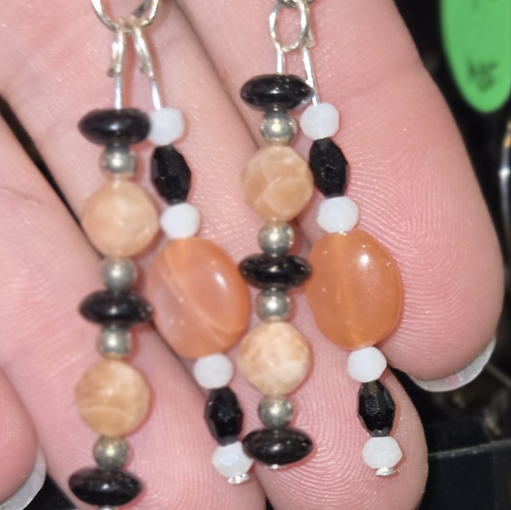 Elegant Peach Moonstone and Onyx Beaded Earrings